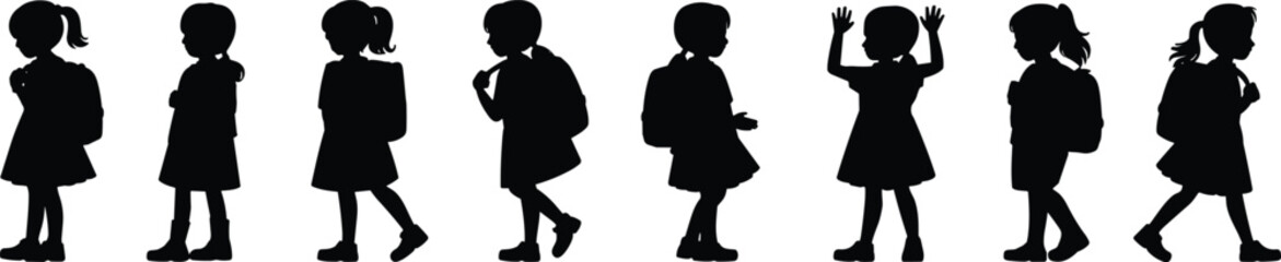 Child walking silhouette, girl in motion, school backpack, ponytail child, standing pose, walking sequence, child movement, posture study, animation reference, educational concept