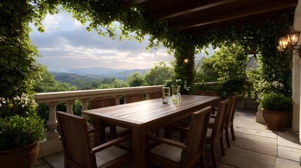 Obraz premium Outdoor wooden dining table on a vine covered terrace with a scenic view of rolling hills at sunset