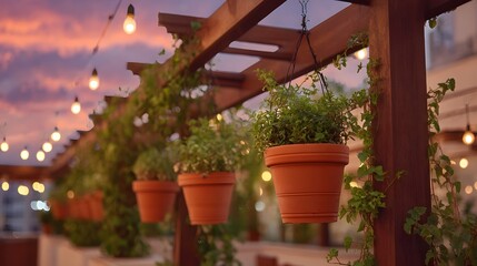 Obraz premium An outdoor terrace features hanging potted plants and vines under a vibrant sunset sky with string lights