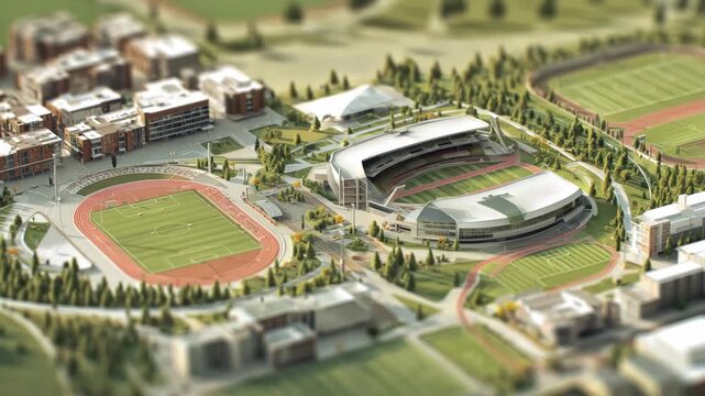 Detailed model of a sports complex featuring multiple fields, stadiums, and surrounding buildings during daylight