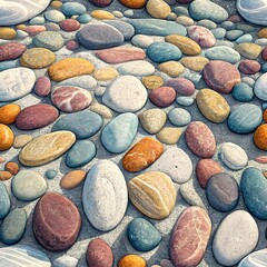 Smooth Colorful Stones on Beach With Round Sea Rocks in Natural Summer Texture Composition