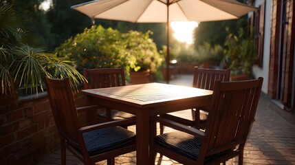 A sunlit outdoor terrace with wooden furniture bathed in the warm glow of dusk