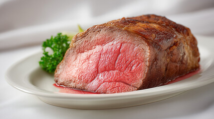 白い皿に丁寧に盛り付けられた、ロゼ色で美しい断面を持つ上質な厚切りローストビーフ