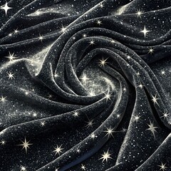 Celestial Swirl of Stars and Darkness Over Soft Black Velvet Fabric in Dreamy Night Sky Composition