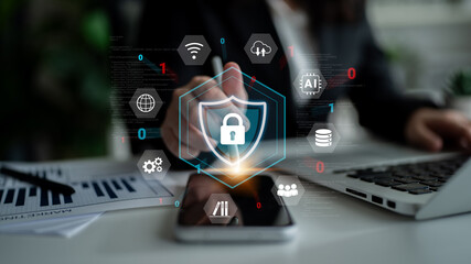 Cybersecurity protection secures network, prevents threats, and strengthens digital data security...