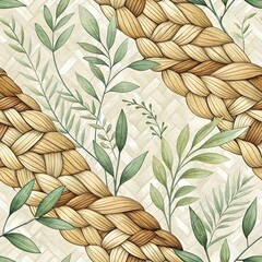 Braided Seamless Pattern With Watercolor Greenery and Elegant Leaves in Artistic Botanical Design
