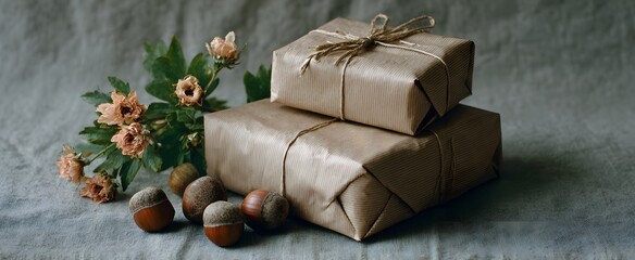 Simple natural packaging evokes warmth and care in sustainable gift wrapping.