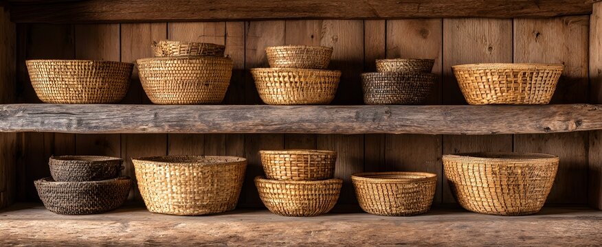 Rustic woven baskets evoke warmth and comfort on natural wood shelves for display