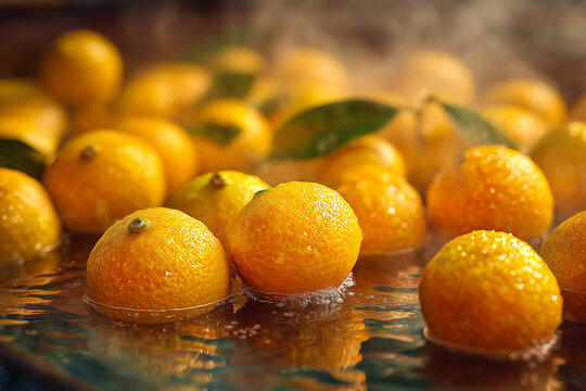 Yuzu Citrus Fruits Floating in a Steaming Hot Winter Bath