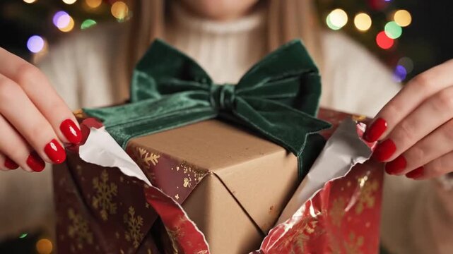 Womans hands tying bow on wrapped gift box closeup