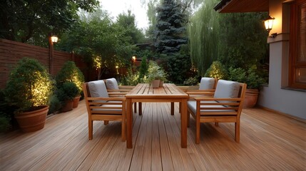 Fototapeta premium A tranquil wooden deck with table and chairs illuminated by ambient lighting in a lush garden