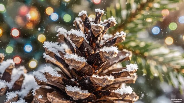 Close up of a snowy pine cone with christmas tree lights