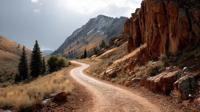White gravel hiking trail winding up steep rocky hillside with vivid red and yellow stone formations under clear sky scenic desert mountain landscape - Powered by Adobe