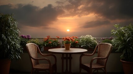 Obraz premium A serene balcony scene at sunset featuring wicker chairs and a table surrounded by potted flowers and lush greenery under a dramatic cloudy sky