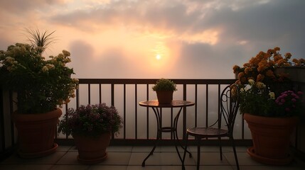 Obraz premium Serene balcony with potted flowers and garden furniture bathed in the soft light of a misty sunset