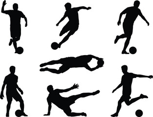 Soccer player silhouettes, football action poses, dynamic movement, kicking, dribbling, diving, sliding, sports illustration, athlete figures, black shapes, competitive game, vector art