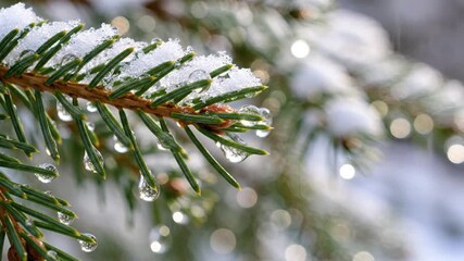 Snowy pine branch closeup with water droplets - Powered by Adobe