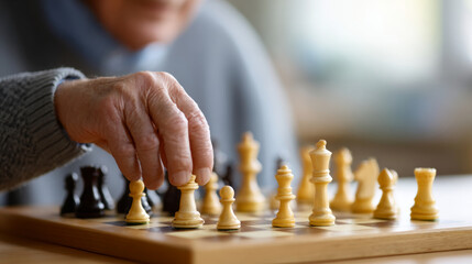 Close-up of elderly person playing chess focusing on hand moving a white chess piece on wooden chessboard indoors