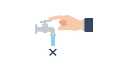 Vector illustration of a hand turning off a water tap, an icon representing the concept of water conservation and saving resources