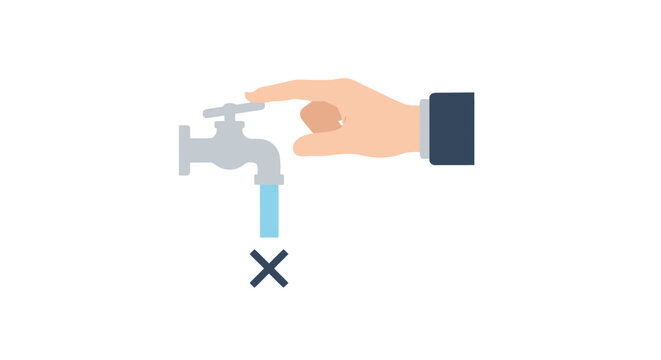 Vector illustration of a hand turning off a water tap, an icon representing the concept of water conservation and saving resources