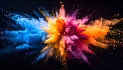 A vibrant explosion of colorful powder against a black background