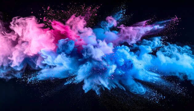 A burst of vibrant pink and blue powder explodes across a dark backdrop, creating an abstract design