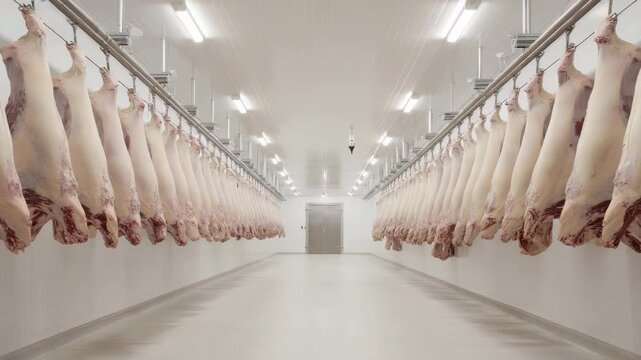 meat processing factory, a long hallway with hanging carcasses of beef
