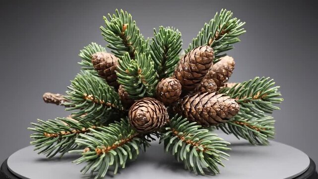 Close up of pine branches with cones on a neutral background