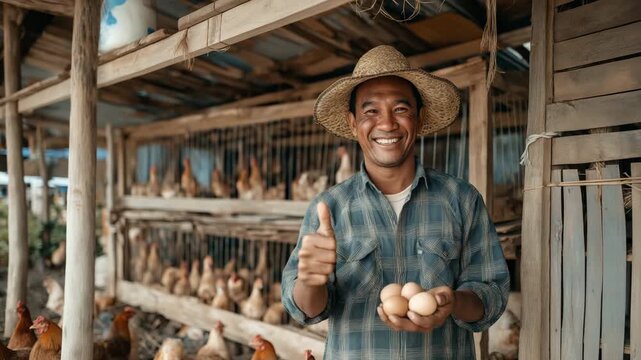 A joyful farmer just collected eggs in a chicken coop.