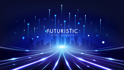 Futuristic city skyline with speed light trails and data streams. Technology and communication background.