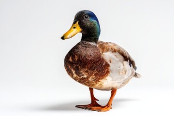 Colorful duck standing with glossy feathers on a bright background