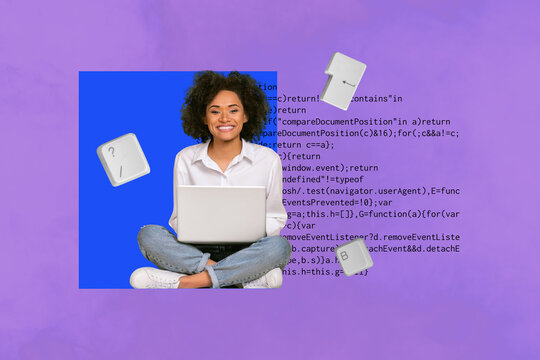 Collage of smiling young person with laptop surrounded by code keys text symbolizing freelancer writing creative profession