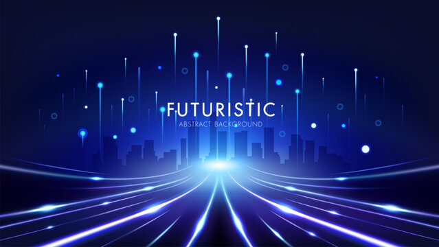 Futuristic city skyline with speed light trails and data streams. Technology and communication background.