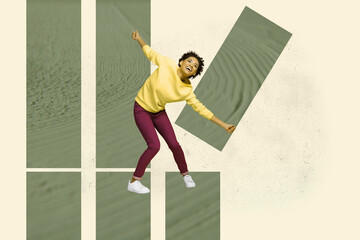 Poster creative collage of person air fly on color background with falling column graphs