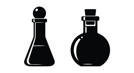 Two black silhouette bottles one with a rounded shape and a cork