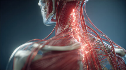 Human neck muscles with detailed muscular structure and illuminated nerve pathways close-up anatomy medical illustration reaic texture and depth lighting