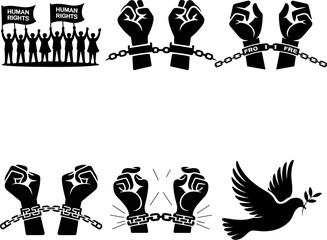 Fototapeta premium Human Rights And Community Unity Symbols Diverse People Protestors Banner Heart Symbol Hands Releasing Dove Minimalist Flat Design Element Pack For Infographics Websites Apps And Awareness