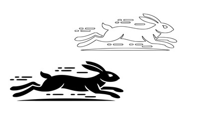 Running Rabbit or Hare Silhouette and Outline Drawing Set, Speed and Fast Movement Symbol Icon, Isolated Vector Graphic