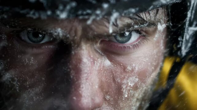 Close-up of a determined athlete's face showing frost and focus during an intense winter adventure in the mountains