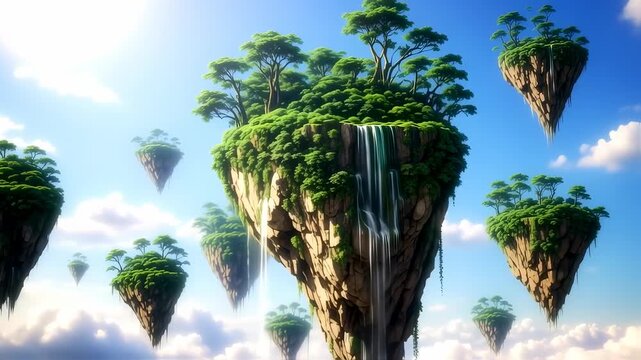 Floating islands with waterfalls and lush green foliage drift through a sunny blue sky