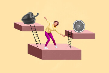 Poster surreal collage of person stand dance podium with ladder direct fruit veggies on yellow background