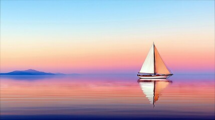 A solitary sailboat navigates a serene body of water, bathed in the warm, colorful hues of a sunset, with islands visible on the horizon.