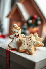 Adorable Christmas angel and star sugar cookies decorated with red and white icing and sprinkles, sitting on a gift box with a ribbon. Blurry festive background.