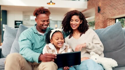 Parents, child or video call on sofa with tablet for bonding together, greeting or online communication. Happy family, daughter or wave with tech in home for virtual meeting, discussion or connection - Powered by Adobe