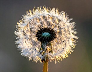 Close-up of a dandelion seed head illuminated by sunlight, displaying intricate detail