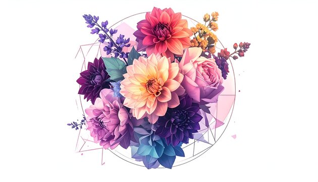 A vibrant bouquet of multicolored flowers, encircled by a geometric design, on a white backdrop