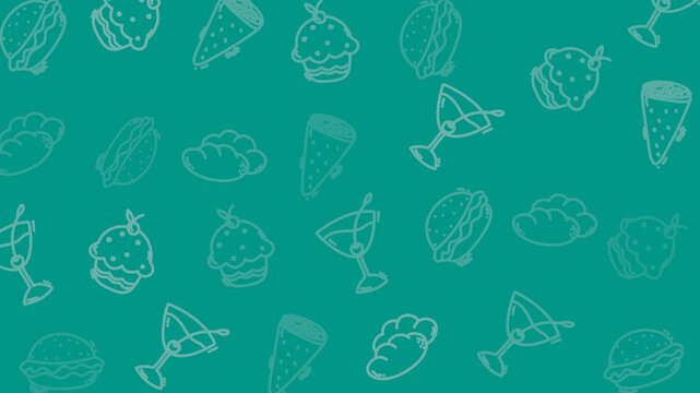 Vibrant teal background featuring a fun, seamless pattern of outlined food and drinks.