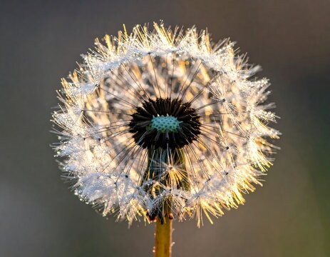 Close-up of a dandelion seed head illuminated by sunlight, displaying intricate detail