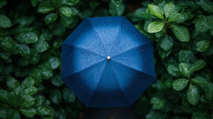 A vibrant blue umbrella shelters from gentle rain amidst rich greenery, creating a serene and refreshing atmosphere