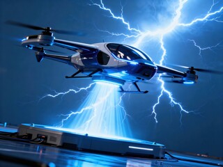 A futuristic eVTOL aircraft hovers and wirelessly charges above a glowing pad, illuminated by a powerful energy beam amidst a lightning storm.